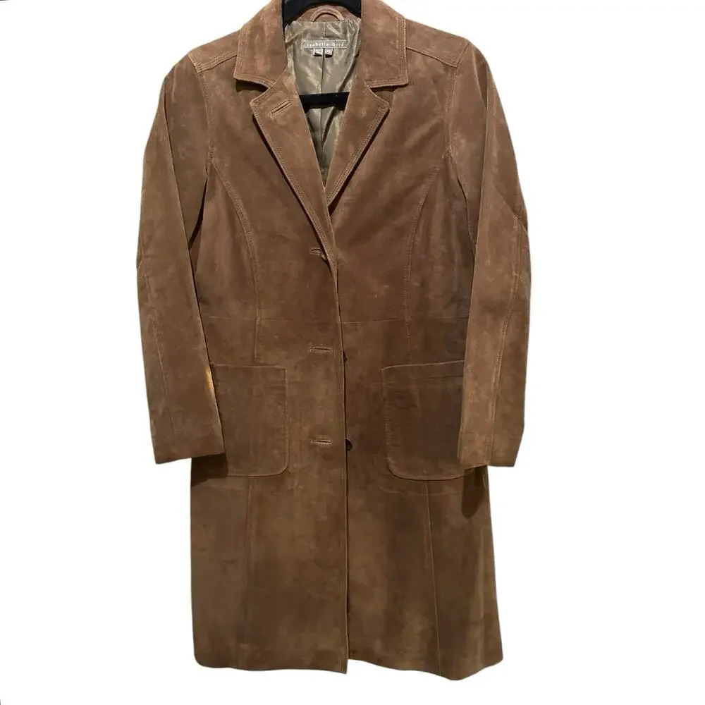 Isabella Bird Brown Genuine suede Leather Button Front Trench Coat Size XS